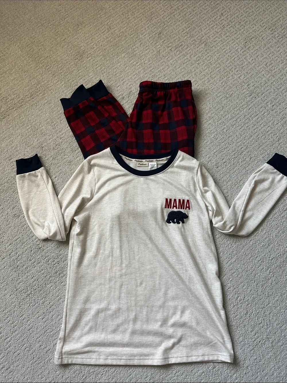 dearfoams Cream Top with Navy Trim & Red Buffalo Plaid Pajama Set